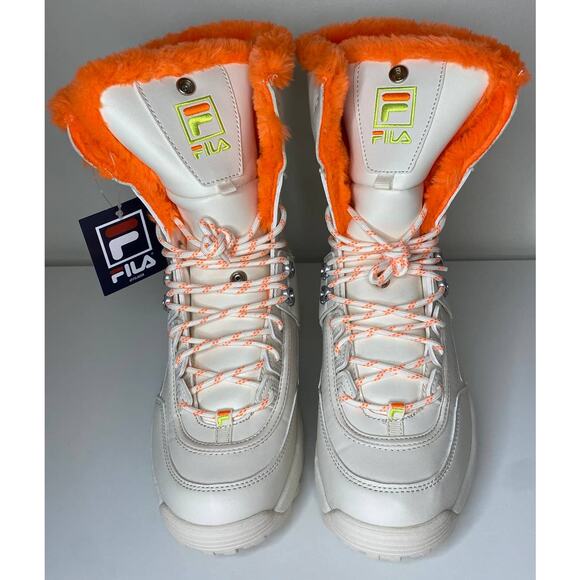 NWT FILA BOOTS 10 DISRUPTOR WHITE ORANGE SHEARLING TOP WINTER SNOWBOOTS LACE UP - Picture 5 of 12